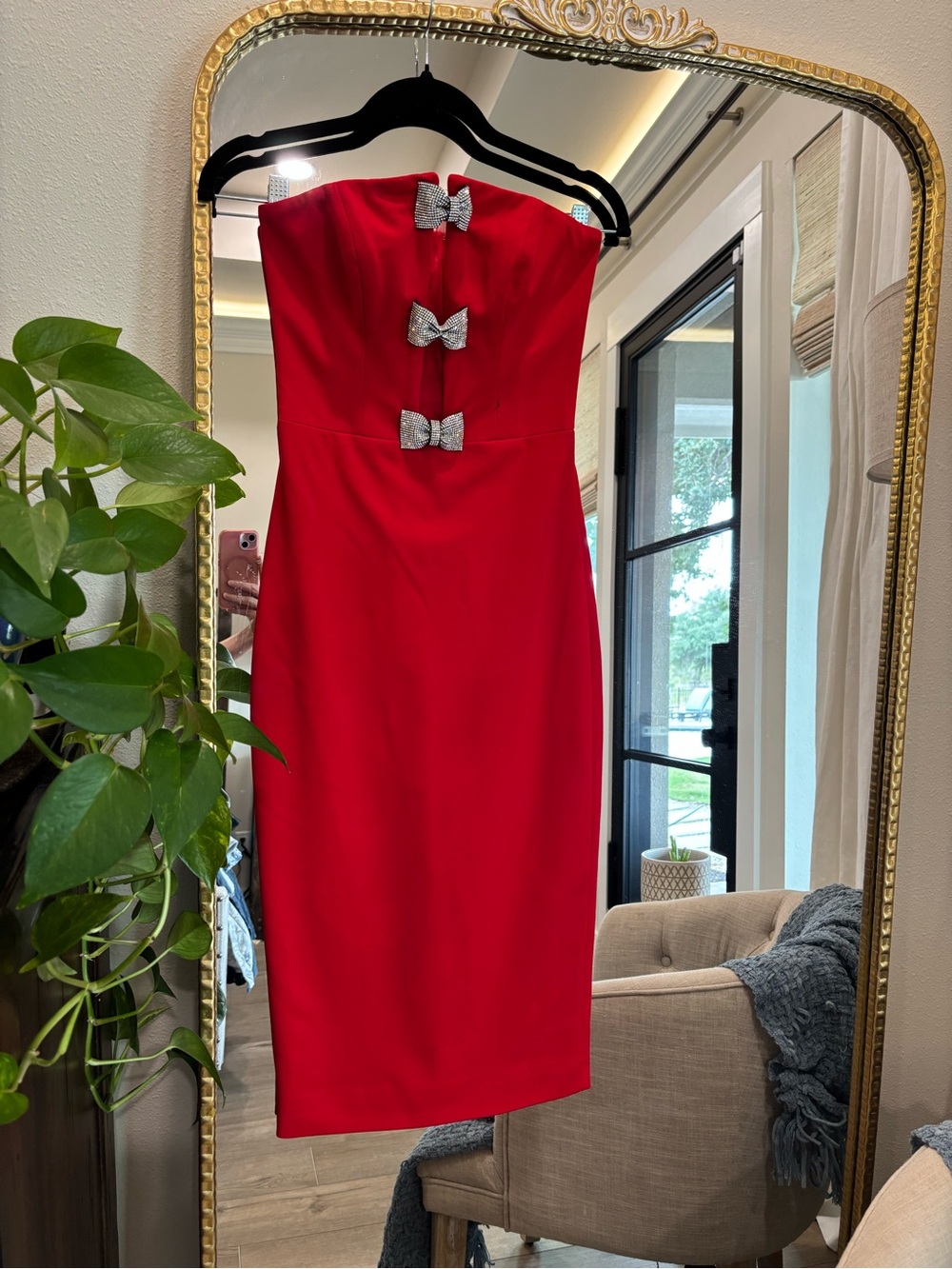 Dress the Population Strapless Red Sheath Dress with Rhinestone Bows